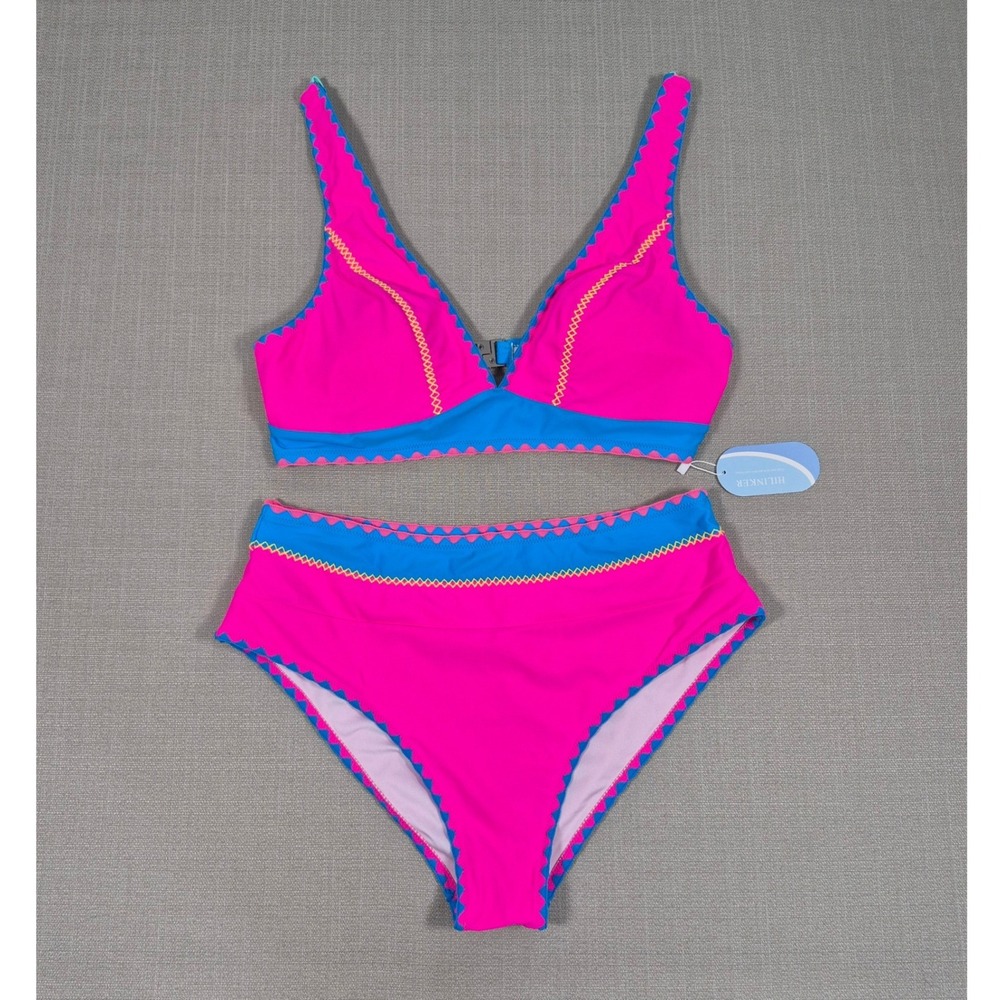 Hilinker Womens Pink Blue Colorblock High Waisted Scallop Bikini Set XL NWT